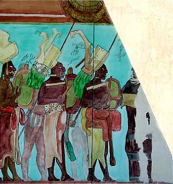 Hand-painted replica of a portion of the Bonampak murals. Hand-painted replica of a portion of the Bonampak murals.