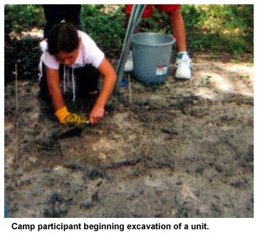 Camp participant beginning excavation of a unit. Camp participant beginning excavation of a unit.