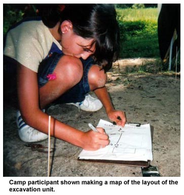 Camp participant shown making a map of the layout of the excavation unit. Camp participant shown making a map of the layout of the excavation unit.