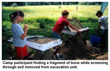 Camp participant finding a fragment of bone while screening through soil removed from excavation unit. Camp participant finding a fragment of bone while screening through soil removed from excavation unit.