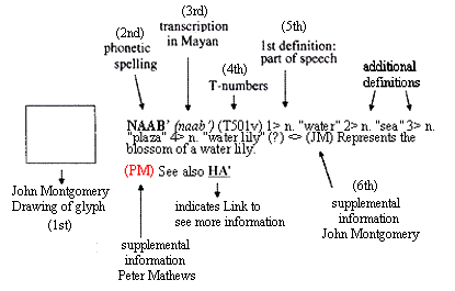 Example of elements used in entries for this on-line Maya dictionary.