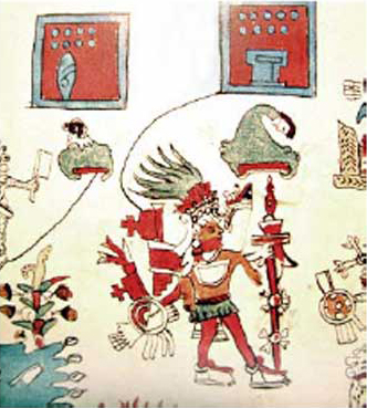 Figure 5: Motecuhzoma Xocoyotzin wearing the Xipe battle costume (after Codex Vaticanus A Ríos) Figure 5: Motecuhzoma Xocoyotzin wearing the Xipe battle costume (after Codex Vaticanus A Ríos)