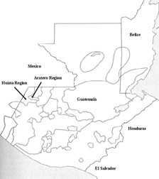 Figura 1: Mapa de Guatemala mostrando las regiones Huista y Acateco.