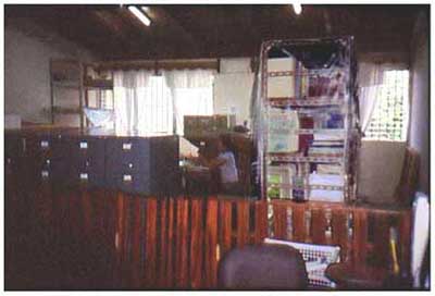 Enlaza con Figura 2a: Biblioteca CRIA después de la re-organización (mayo 2001). Divisores de madera separan los archivos y tablas de investigación (fuera de la vista a la izquierda) y la computadora (a la derecha). Laura Flores en el fondo del trabajo.