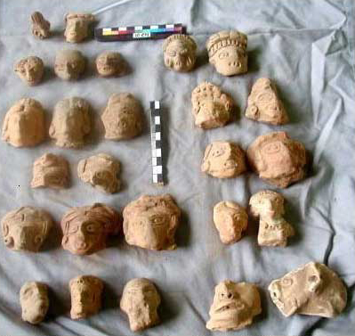 Figure 9. A variety of mold-made and hand-modeled figurine fragments from the civic-ceremonial compound of RH01 Huamelula--Barrio La Soledad. Museo Chontal, Huamelula.