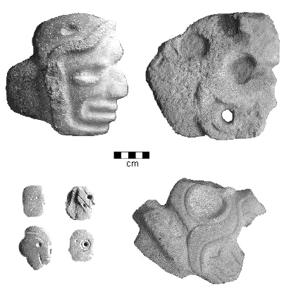 Figure 10. Stone sculptures found near the ballcourt at RH01. Tenoned stone heads (hachas) and miniature hachas.