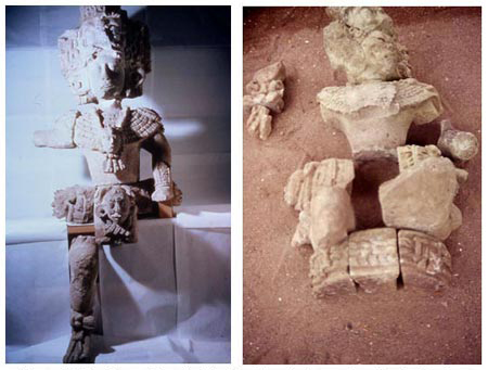 Figure 10. Sculpture of a ruler (1 of 8 statues). Reconstruction by Barbara Fash and the author. Note throne and serpent lance.