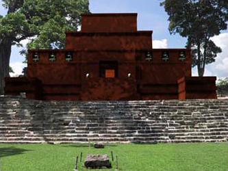 Figure 23. Still view of the Preliminary 3D Model of Structure 10L-22 compared to 10L-22 as it appears today. (Model by Laura Ackley.)