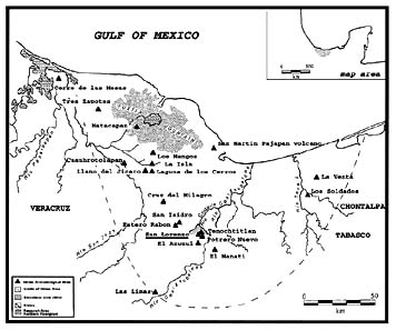 Figure 1. Olmec Archaeological Sites in Southeastern Veracruz, and Western Tabasco, México (After Grove 1997).