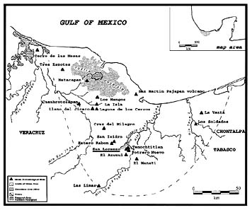Figura 1. Sitios arqueológicos olmecas en el sur de Veracruz y el oeste de Tabasco, México (según Grove 1997).