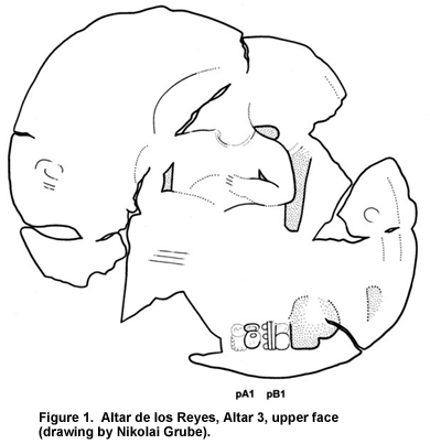 Click on image to enlarge Figure 1. Altar de los Reyes, Altar 3, upper face (drawing by Nikolai Grube). Click on image to enlarge Figure 1. Altar de los Reyes, Altar 3, upper face (drawing by Nikolai Grube).