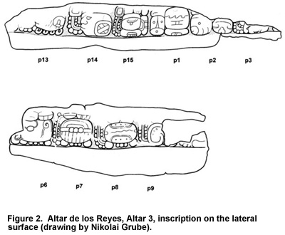 Click on image to enlarge Figure 2. Altar de los Reyes, Altar 3, inscription on the lateral surface (drawing by Nikolai Grube). Click on image to enlarge Figure 2. Altar de los Reyes, Altar 3, inscription on the lateral surface (drawing by Nikolai Grube).