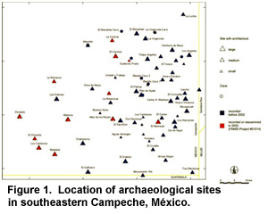 Link to enlarge Figure 1. Location of archaeological sites in southeastern Campeche, M&eacute;xico.