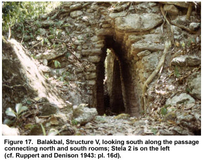 Figure 17. Balakbal, Structure V, looking south along the passage connecting north and south rooms; Stela 2 is on the left (cf. Ruppert and Denison 1943: pl. 16d). Figure 17. Balakbal, Structure V, looking south along the passage connecting north and south rooms; Stela 2 is on the left (cf. Ruppert and Denison 1943: pl. 16d).