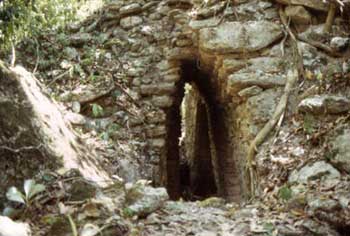 Figure 17. Balakbal, Structure V, looking south along the passage connecting north and south rooms; Stela 2 is on the left (cf. Ruppert and Denison 1943: pl. 16d).