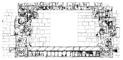 Figure 5. Drawing of ornamental proscenium of Structure 10L-22 as it appears today (Drawing by E. Zelaya). Click on image to enlarge.