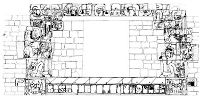 Figura 5. Dibujo del proscenio ornamental de la Estructura 10L-22, como se lo ve hoy en día (dibujo de E. Zelaya). Haga clic sobre la imagen para agrandar.