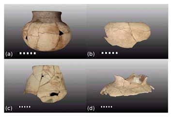 Figure 10. Four reconstructed examples of Early Franco complex ceramic vessels. A volcanic ash-tempered, differentially double-fired Desengaño Black-and-white spool-necked jar (a); a simple fine sand-tempered Gogal Plain tecomate or bowl (b); a volcanic ash-tempered large Tecolutla Incised urn (c); and a fine sand-tempered Gogal Plain jar with an outcurved rim (d). Vessel (d) is essentially a less well executed version of jar (a). Photographs by Christopher von Nagy. Click to enlarge.