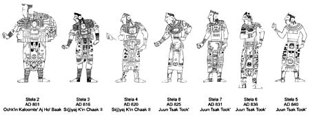 Figure 12. Comparison of figural proportions and pose, Machaquilá's ninth-century stelae, to scale, in chronological order from left to right. After drawings by Ian Graham, courtesy of Middle American Research Institute, Tulane University.
