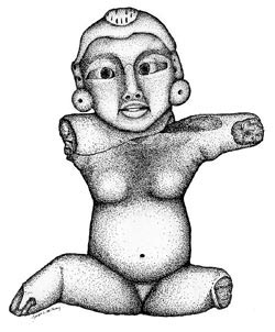 Figure 10. Solid ceramic figurine recovered from Conchas phase levels of Suboperation 2 and 2b (drawn by Joe McGreevey.)