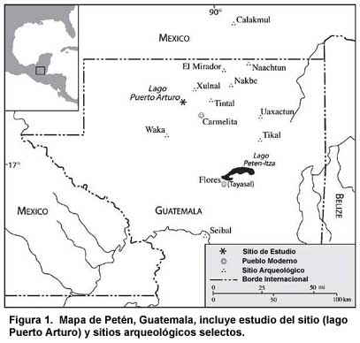 Figura 1. Mapa de Petén, Guatemala, incluye estudio del sitio (lago Puerto Arturo) y sitios arqueológicos selectos.