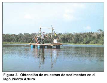 Figura 2. Obtención de muestras de sedimentos en el lago Puerto Arturo.