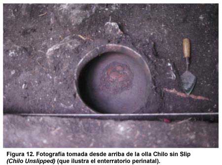 Figura 12. Fotografía tomada desde arriba de la olla Chilo sin Slip (Chilo Unslipped) (que ilustra el enterratorio perinatal). Figura 12. Fotografía tomada desde arriba de la olla Chilo sin Slip (Chilo Unslipped) (que ilustra el enterratorio perinatal).