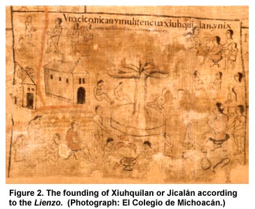 Figure 2. The founding of Xiuhquilan or Jicalán according to the Lienzo. (Photograph: El Colegio de Michoacán.)