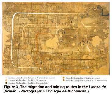 Figure 3. The migration and mining routes in the Lienzo de Jicalán. (Photograph: El Colegio de Michoacán.) Click to enlarge.
