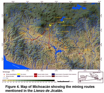 Figure 4. Map of Michoacán showing the mining routes mentioned in the Lienzo de Jicalán. Click to enlarge.