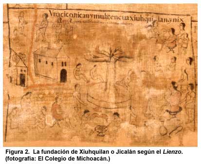 Figura 2. La fundación de Xiuhquilan o Jicalán según el Lienzo. (fotografía: El Colegio de Michoacán.)