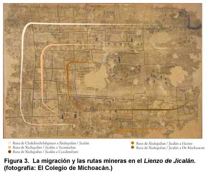 Figura 3. La migración y las rutas mineras en el Lienzo de Jicalán. (fotografía: El Colegio de Michoacán.)