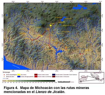 Figura 4. Mapa de Michoacán con las rutas mineras mencionadas en el Lienzo de Jicalán.