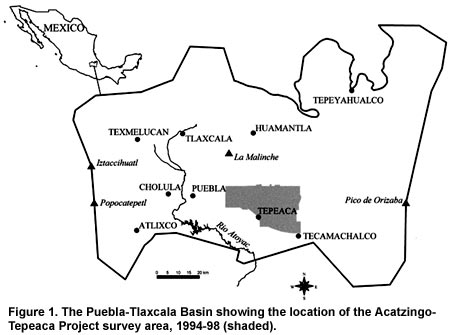 Figure 1. The Puebla-Tlaxcala Basin showing the location of the Acatzingo-Tepeaca Project survey area, 1994-98 (shaded). Figure 1. The Puebla-Tlaxcala Basin showing the location of the Acatzingo-Tepeaca Project survey area, 1994-98 (shaded).