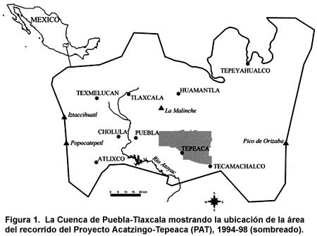 Figura 1. La Cuenca de Puebla-Tlaxcala mostrando la ubicación de la área del recorrido del Proyecto Acatzingo-Tepeaca (PAT), 1994-98 (sombreado). Figura 1. La Cuenca de Puebla-Tlaxcala mostrando la ubicación de la área del recorrido del Proyecto Acatzingo-Tepeaca (PAT), 1994-98 (sombreado).