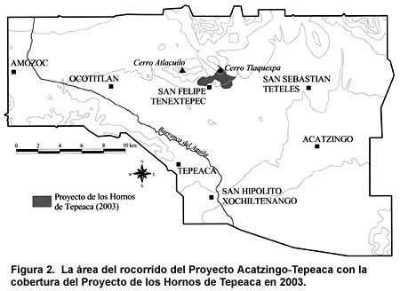 Figura 2. La área del rocorrido del Proyecto Acatzingo-Tepeaca con la cobertura del Proyecto de los Hornos de Tepeaca en 2003. Figura 2. La área del rocorrido del Proyecto Acatzingo-Tepeaca con la cobertura del Proyecto de los Hornos de Tepeaca en 2003.