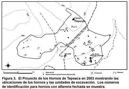 Figura 3. El Proyecto de los Hornos de Tepeaca en 2003 mostrando las ubicaciones de los hornos y las unidades de excavación. Los números de identificación para hornos con alfarería fechada se muestra. Figura 3. El Proyecto de los Hornos de Tepeaca en 2003 mostrando las ubicaciones de los hornos y las unidades de excavación. Los números de identificación para hornos con alfarería fechada se muestra.