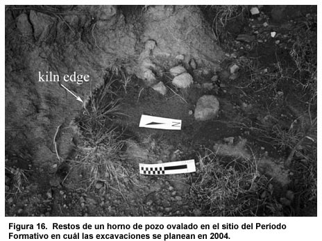 Figura 16. Restos de un horno de pozo ovalado en el sitio del Período Formativo en cuál las excavaciones se planean en 2004. Figura 16. Restos de un horno de pozo ovalado en el sitio del Período Formativo en cuál las excavaciones se planean en 2004.