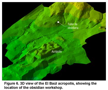 Figure 6. 3D view of the El Baúl acropolis, showing the location of the obsidian workshop. Click to enlarge.