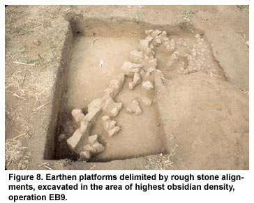 Figure 8. Earthen platforms delimited by rough stone alignments, excavated in the area of highest obsidian density, operation EB9.