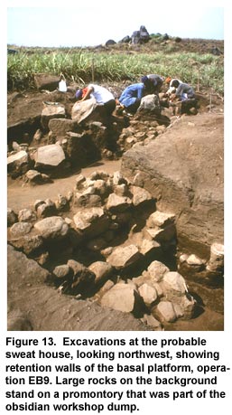 Figure 13. Excavations at the probable sweat house, looking northwest, showing the retention walls of the basal platform, operation EB9. The large rocks on the background stand on a promontory that was part of the obsidian workshop dump. Click to enlarge.