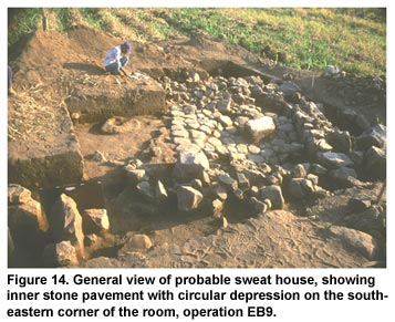 Figure 14. General view of probable sweat house, showing inner stone pavement with circular depression on the southeastern corner of the room, operation EB9. Click to enlarge.