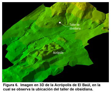 Figura 6. Imagen en 3D de la Acrópolis de El Baúl, en la cual se observa la ubicación del taller de obsidiana. Haga un clic para ampliar la imagen
