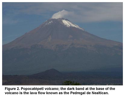 Figure 2. Popocatépetl volcano; the dark band at the base of the volcano is the lava flow known as the Pedregal de Nealtican.