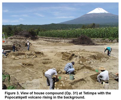 Figure 3. View of house compound (Op. 31) at Tetimpa with the Popocatépetl volcano rising in the background. Click to enlarge.