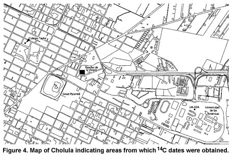 Figure 4. Map of Cholula indicating areas from which 14C dates were obtained. Click to enlarge.