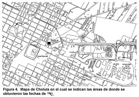 Figura 4. Mapa de Cholula en el cual se indican las áreas de donde se obtuvieron las fechas de C14. Haga clic para agrandar.