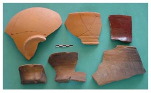Figura 9. Muestra de cerámicas del período Clásico recuperadas del interior del pozo de agua (Elemento 1, Pozo 6) en Rancho de la Virgen. Haga clic para agrandar.
