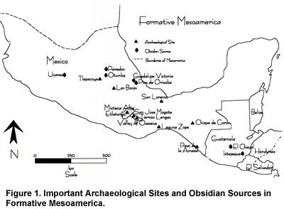 Figure 1. Important Archaeological Sites and Obsidian Sources in Formative Mesoamerica. Click to enlarge.