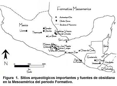 Figura 1. Sitios arqueológicos importantes y fuentes de obsidiana en la Mesoamérica del período Formativo. Haga clic para agrandar.